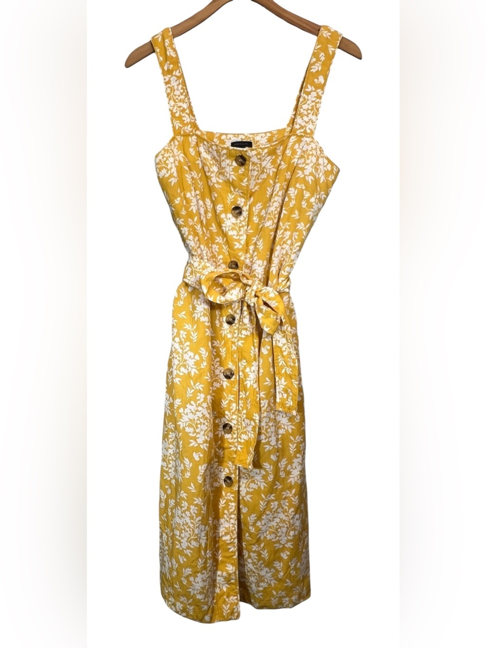 Ann Taylor Belted Linen Blend Yellow Floral Button Front Midi Shirt Dress Size 8